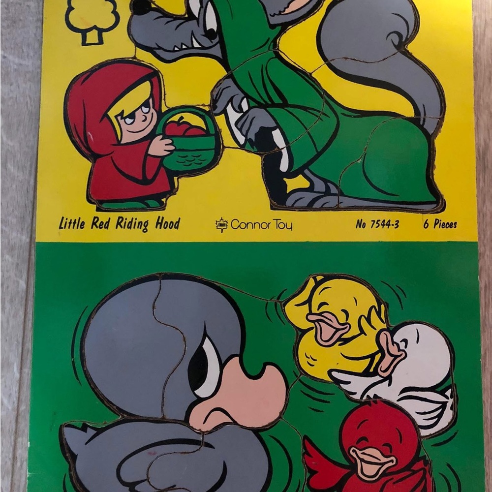 Vintage wooden tray puzzle featuring Little Red Riding Hood & The Ugly Duckling